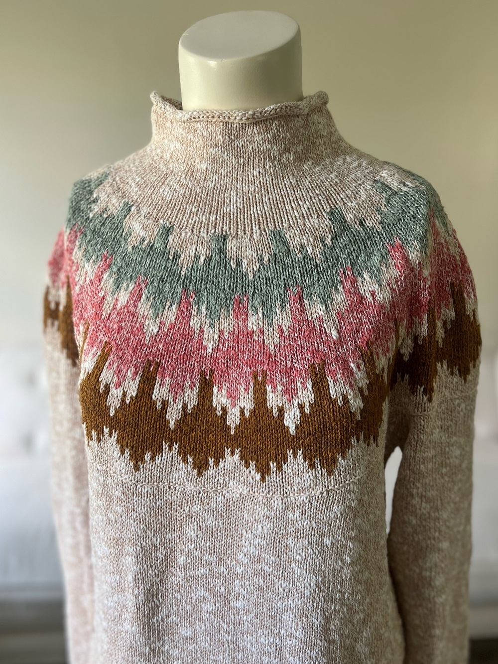 L.L.Bean Women’s Fair Isle Cotton Ragg Funnelneck Sweater Marled Beige